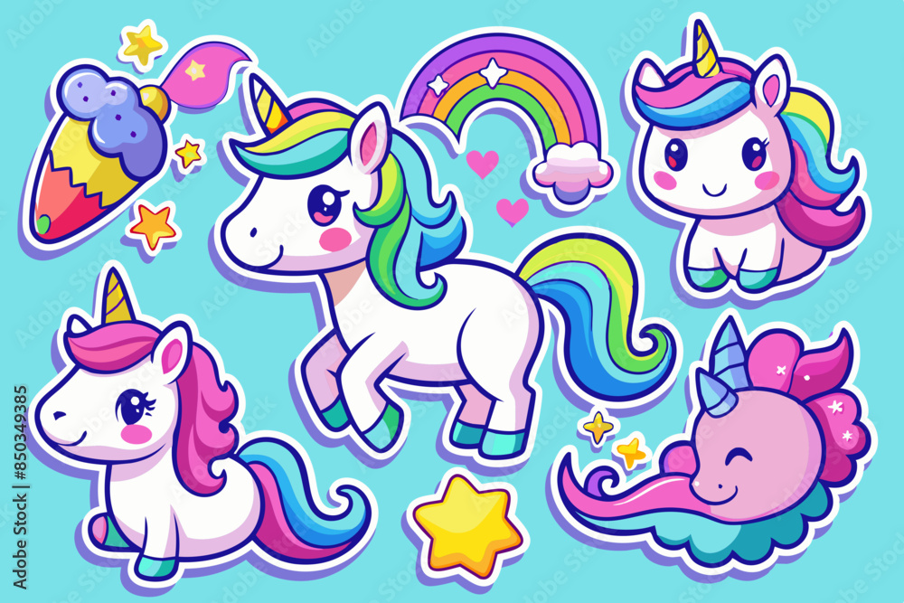 Fototapeta premium Unicorn stickers with vibrant colors and whimsical elements like ice cream cones, stars and rainbows. Perfect for playful and magical designs, kids projects and children's illustrations