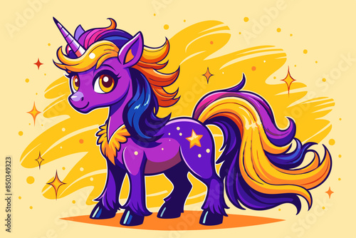 Vibrant purple unicorn with golden stars, set against a yellow magical background for children's illustrations and kid's designs. Colorful unicorn cartoon, perfect for fantasy and children’s themes.