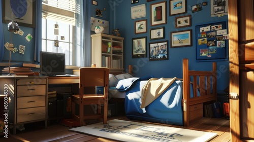 blue and brown bedroom set with a desk and chair in background, in the style of colorful cartoon,photo-realistic landscapes, childhood arcadias