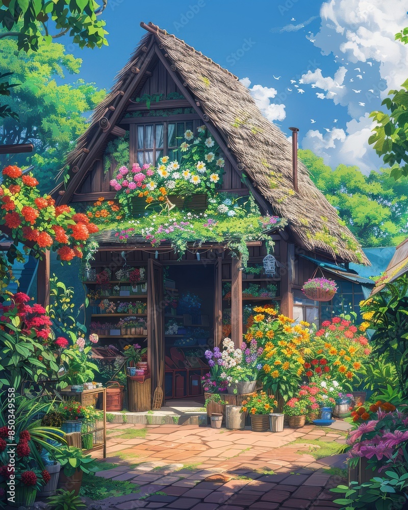 Cartoon image, A beautiful flower shop in February morning, scenic background Cartoon image, A beautiful flower shop in February morning, scenic background