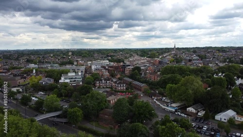 Drone shot Richmond city in South London. Dark stormy sky in England photo