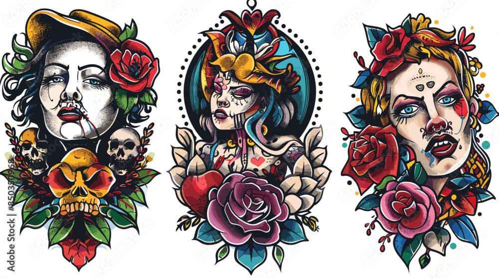 Obraz premium Three women with tattoos and skulls on their faces. The first woman has a skull on her head and a rose on her face