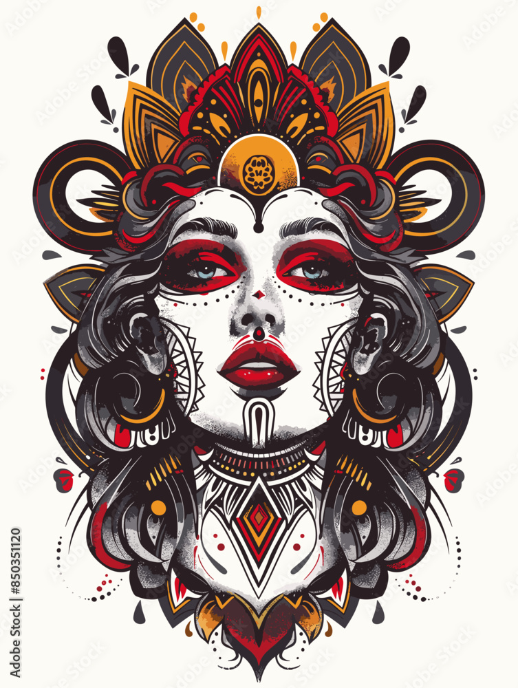 Naklejka premium A woman with a red and gold headdress and red lips