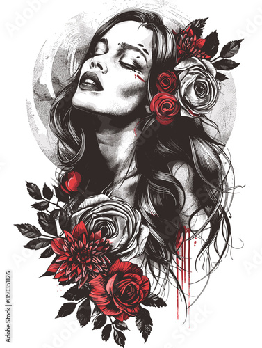 A woman with long dark hair and red flowers in her hair