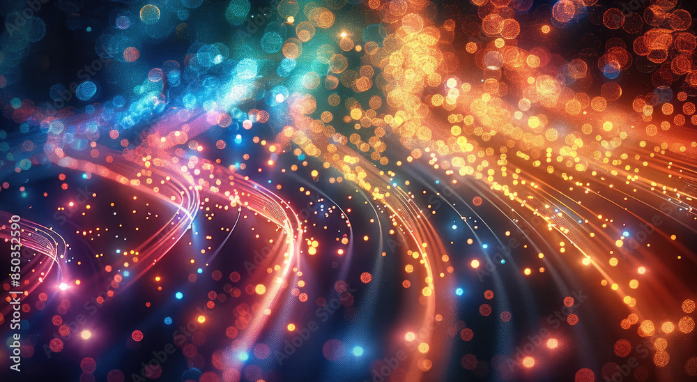Obraz premium A closeup of green and blue fiber optic cables, with red laser beams shining through them against black background. The lights create dynamic streaks on the dark surface. Generative AI.