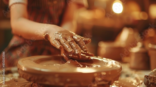 A defocused glimpse of a pottery instructor guiding a students hand on the wheel.