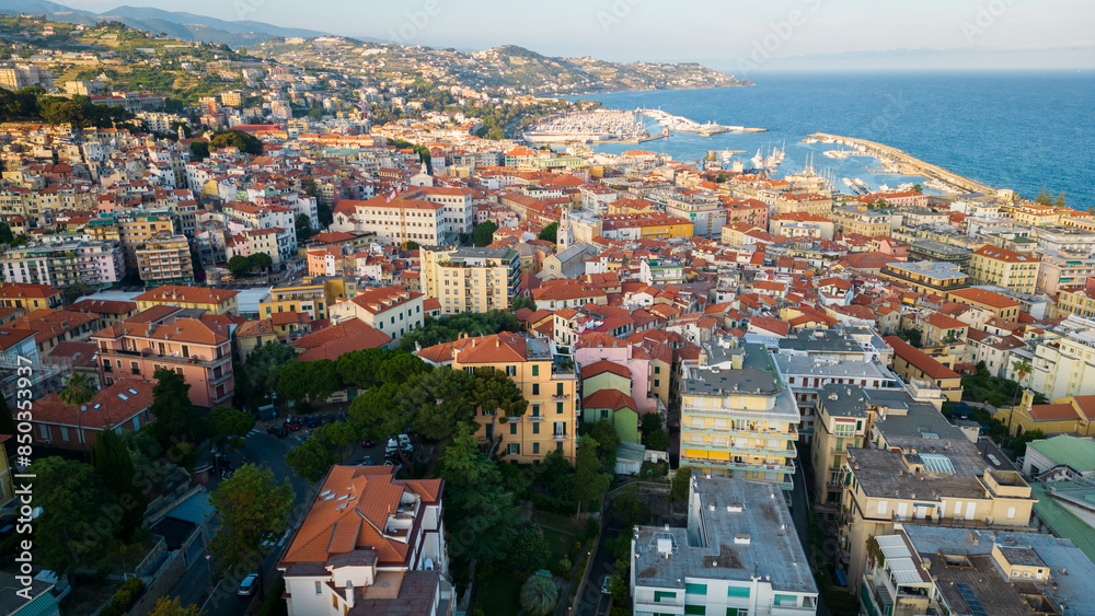 Aerial of Sanremo Italy Liguria Italian coastline town famous for its own music festival Aerial of Sanremo Italy Liguria Italian coastline town famous for its own music festival