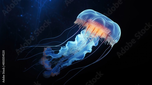Bioluminescent jellyfish floating in deep sea photo
