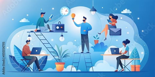 Working online team doing some creative job vector , illustration, remote virtual working freelancers or a part of coworking team.on light white blue background. photo