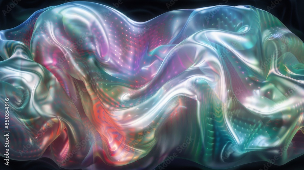 Obraz premium Abstract Holographic iridescent rainbom Y2K fluid background. Lliquid gradient waves surface futuristic texture.Mental health holo modern aesthetic. Trendy Brutalism