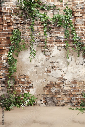 Old grunge brick wall and beige floor with greenery hanging from the top background for product presentation