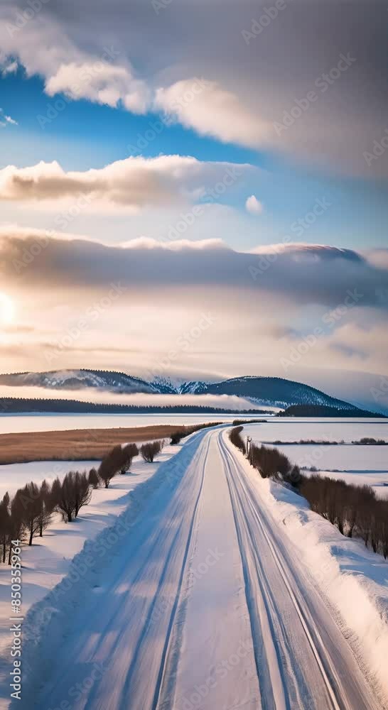 Road and Frozen Lake in Winter. Valley Road and Frozen Lake in Winter. Valley