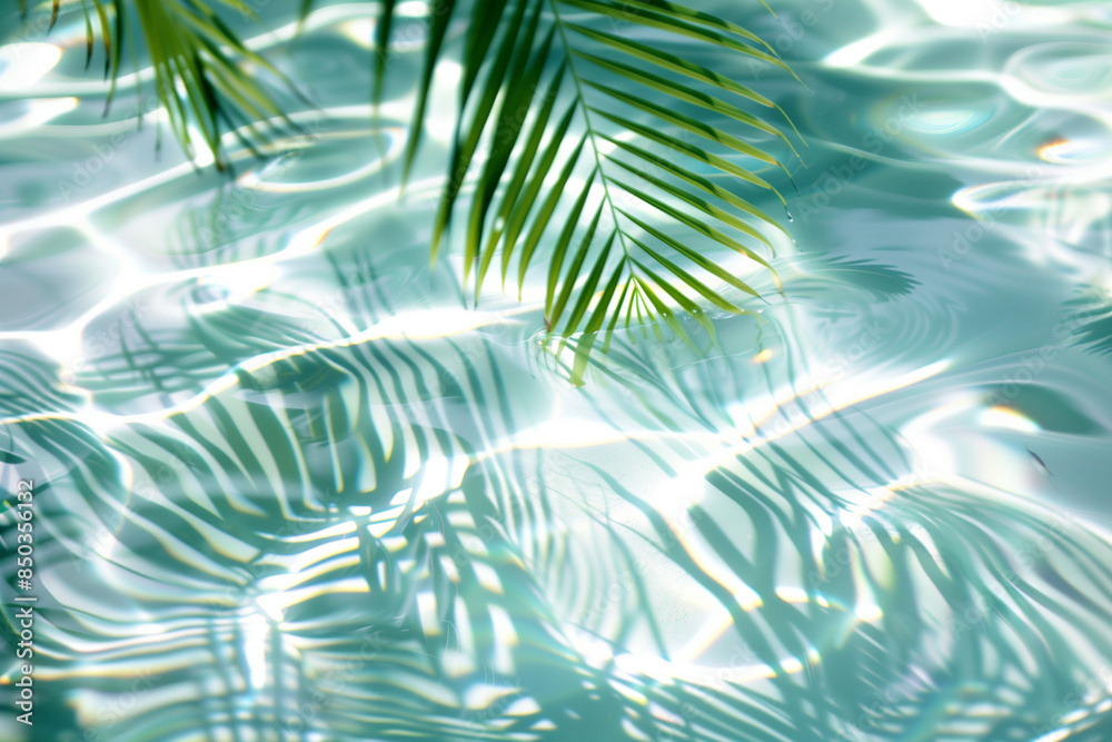 palm leaves on rippling water background, palm leaf shadows and water reflections palm leaves on rippling water background, palm leaf shadows and water reflections