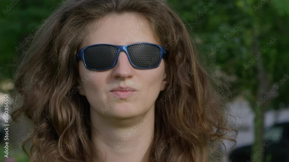 Beautiful young woman putting on her training glasses Beautiful young woman putting on her training glasses