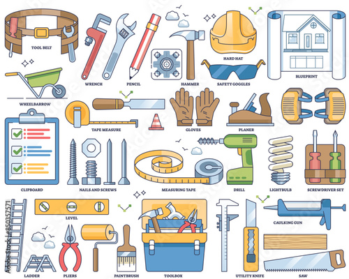 Handyman tools and professional repair work equipment outline collection set, transparent background. Labeled elements with home renovation contractor, maintenance.