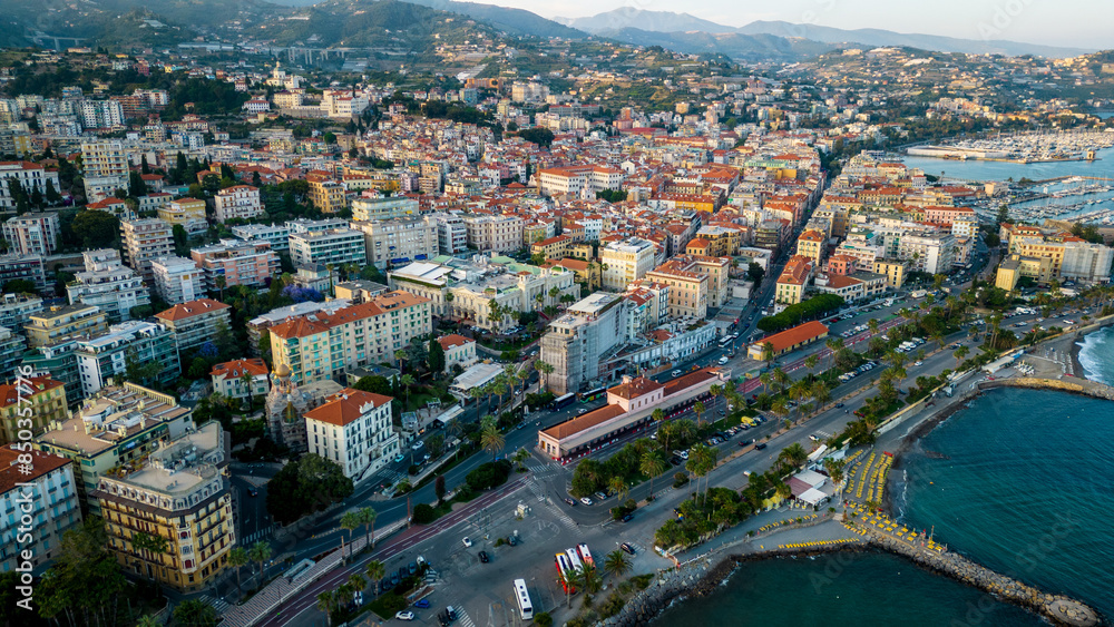 Obraz premium Aerial view of Sanremo city town on coastline Riviera in Italy 