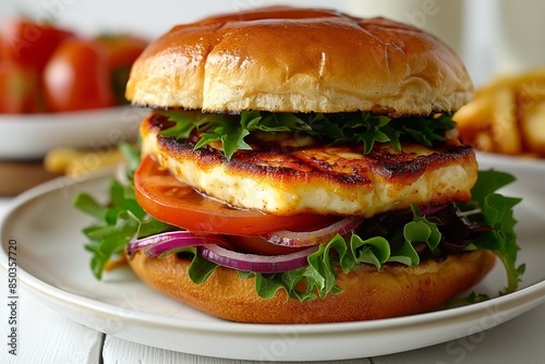 Delicious halloumi burger with fresh lettuce, tomato, and onion on a sesame bun