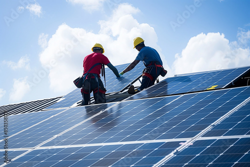 A dedicated crew of technicians installing solar panels on a home, illustrating the important human aspect of moving towards a sustainable energy future