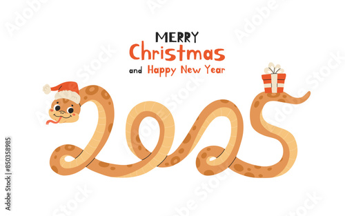 Happy Chinese new year 2025 greeting card with cute wooden snake . Animal zodiac cartoon character in form of number 2025. Merry Christmas and Happy new year. photo