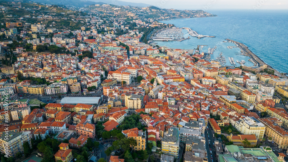 Fototapeta premium Aerial view of Sanremo city town on coastline Riviera in Italy 