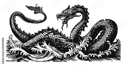 Woodcut illustration of a sea serpent. Vintage grunge vector design element for artworks, poster, cards, web and collages.