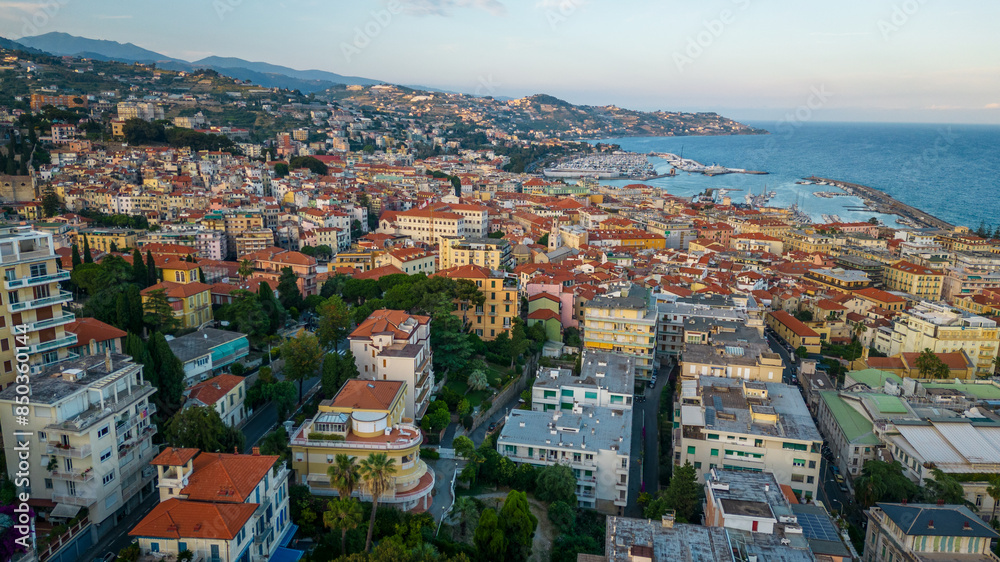 Obraz premium Aerial view of Sanremo city town on coastline Riviera in Italy 