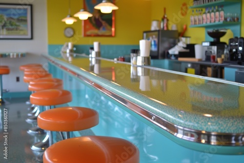 A vibrant retro restaurant counter with colorful tiles, neon signs, and chrome stools, evoking a nostalgic ambiance photo