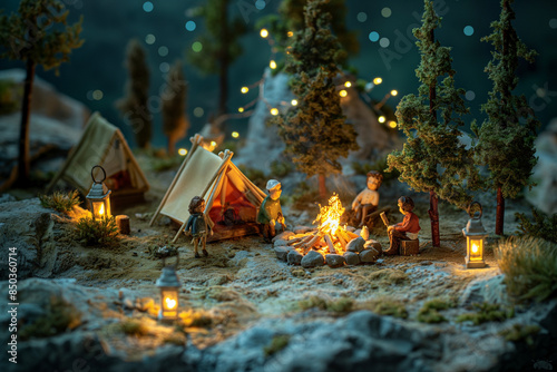 粘土細工のリアルな夜のキャンプシーン/Realistic Clay Miniature Night Camping Scene/ealistische Tonminiatur Nacht Campingszene photo