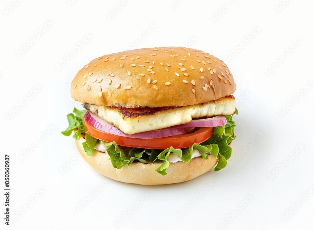 Flavorful halloumi burger with fresh lettuce, tomato, and onion on a sesame bun, against a white background