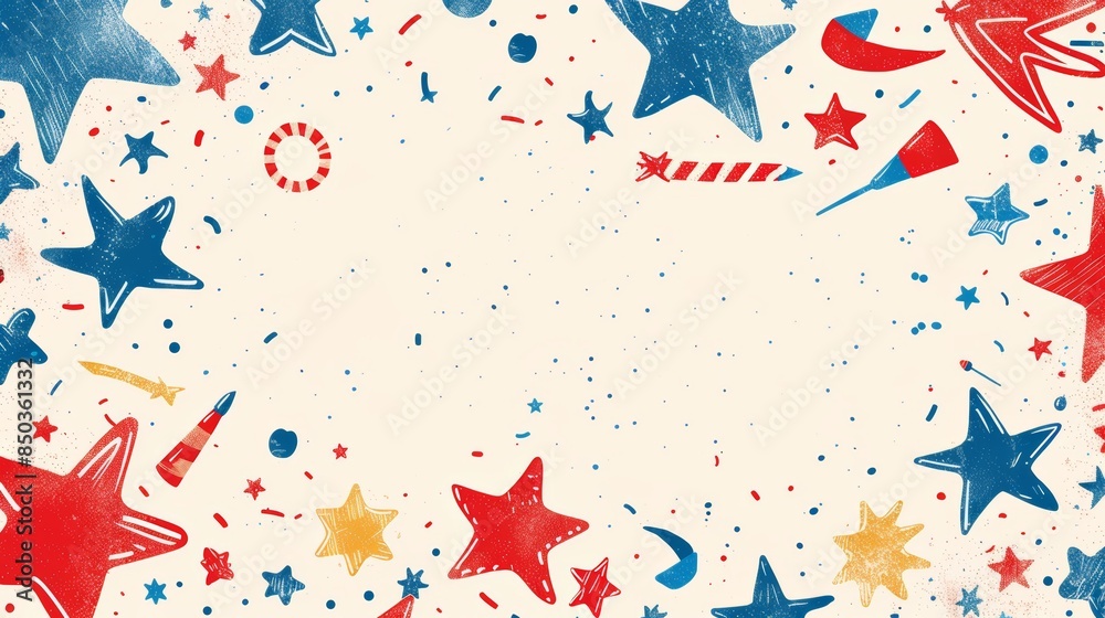 Red, white and blue stars and confetti border a white background. Perfect for patriotic holidays. Red, white and blue stars and confetti border a white background. Perfect for patriotic holidays.