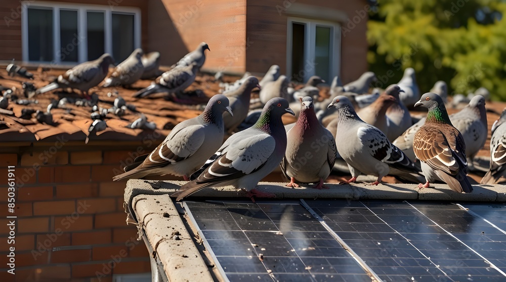 Fototapeta premium pigeons on the roof Solar panels on the roof of a house.generative.ai