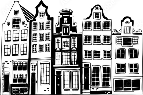 Hand drawn houses facades in a row, Amsterdam outline illustration