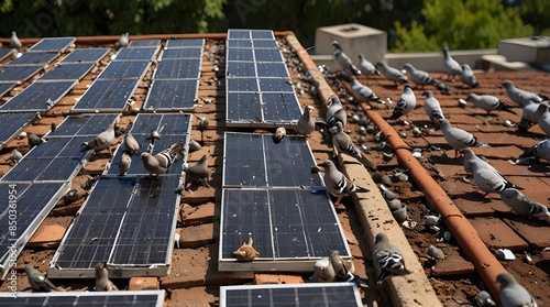 pigeons on the roof Solar panels on the roof of a house.generative.ai 