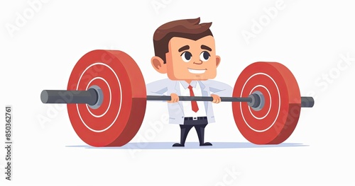 Cartoon businessman lifting barbell with determination, red accents