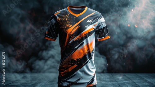 A modern, abstract sports jersey design with a black, white, and orange color scheme. The jersey features a unique, edgy pattern. photo