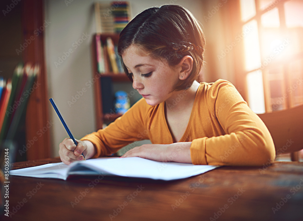 Education, notebook and writing with student girl in dining room of home for distance learning. Child development, growth and study with kid at desk in bedroom of apartment for academic scholarship Education, notebook and writing with student girl in dining room of home for distance learning. Child development, growth and study with kid at desk in bedroom of apartment for academic scholarship