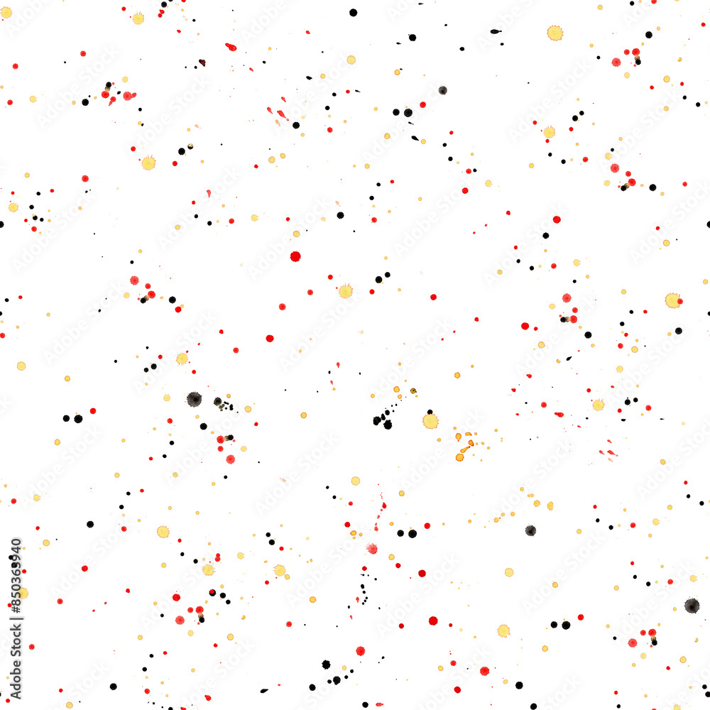 Fototapeta premium Seamless pattern with red black yellow watercolor shapes spray. Little spots on white backdrop on white background. Modern bright design texture in color germany flag with confetti. Soccer World Cup