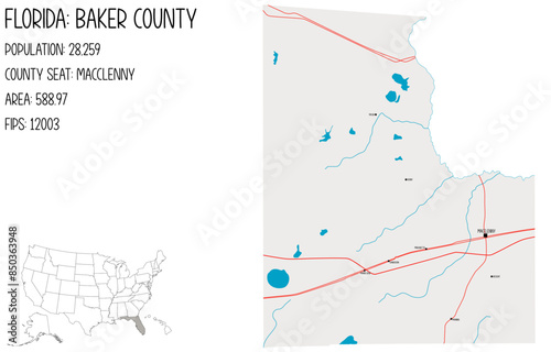 Large and detailed map of Baker County in Florida, USA.