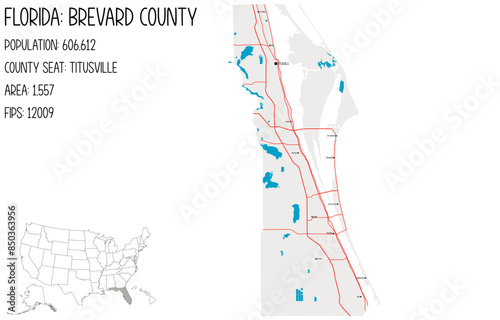 Large and detailed map of Brevard County in Florida, USA.