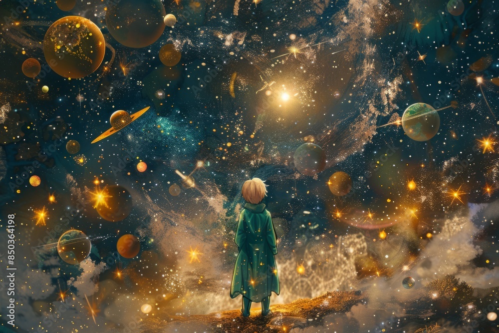 Obraz premium An imaginative depiction of the Little Prince surrounded by floating planets and stars, creating a sense of wonder 