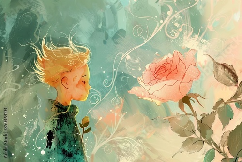 A delicate illustration of the Little Prince talking to his rose, with a background of soft, pastel colors. 