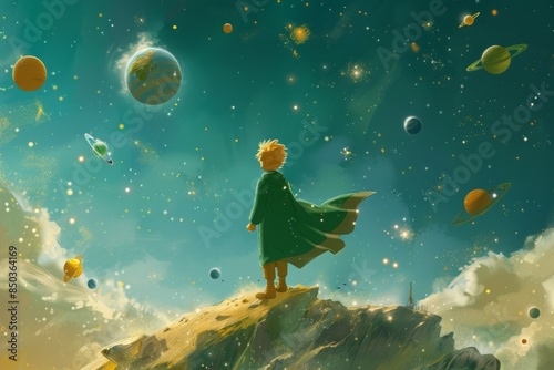 An imaginative depiction of the Little Prince surrounded by floating planets and stars, creating a sense of wonder