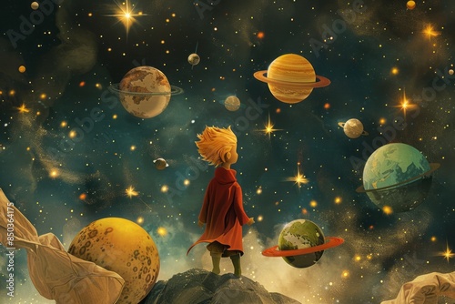 An imaginative depiction of the Little Prince surrounded by floating planets and stars, creating a sense of wonder 