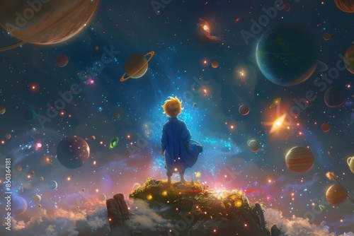 An imaginative depiction of the Little Prince surrounded by floating planets and stars, creating a sense of wonder 