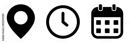 Time, address, and date icon vector in flat style. Clock, pin map location, and calendar signs set
