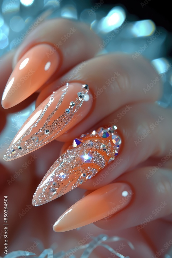 Nail art of cosmetics made from peach and diamonds, beautiful. Generative AI. Nail art of cosmetics made from peach and diamonds, beautiful. Generative AI.