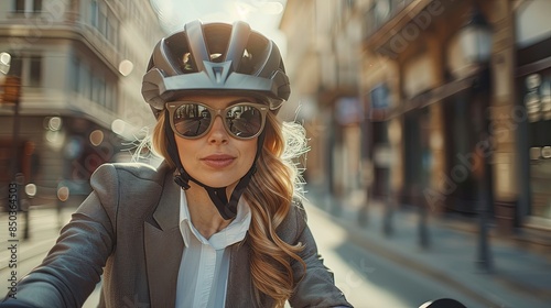 Active woman cyclist enjoys the urban outdoors with flowing hair and helmet for safety photo