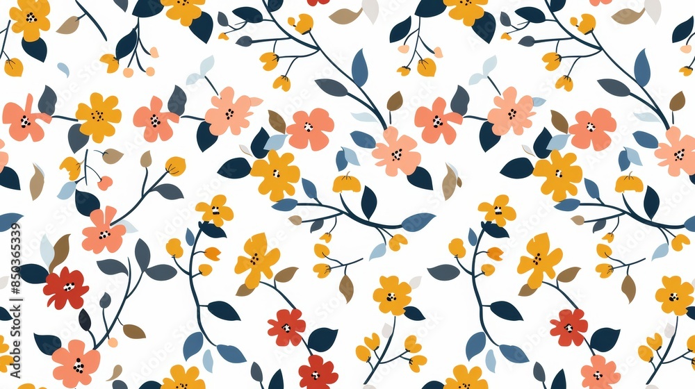 Bright Yellow, Orange, and Red Flowers on White Background With Blue and Brown Leaves Bright Yellow, Orange, and Red Flowers on White Background With Blue and Brown Leaves