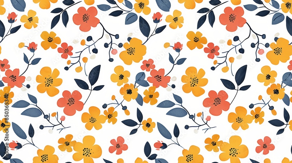 Seamless Pattern of Orange and Yellow Flowers With Navy Blue Leaves Seamless Pattern of Orange and Yellow Flowers With Navy Blue Leaves