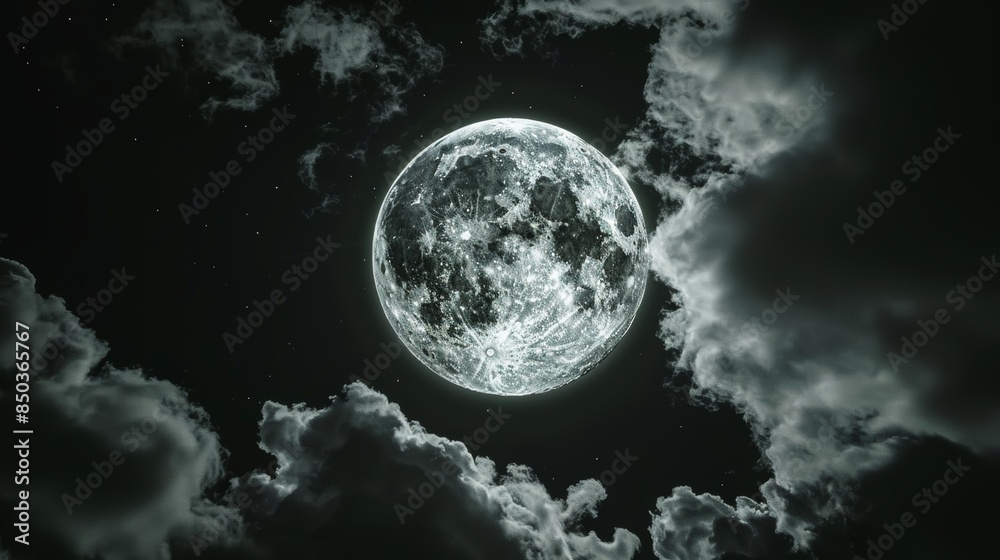 Obraz premium Full Moon Behind Clouds in Night Sky